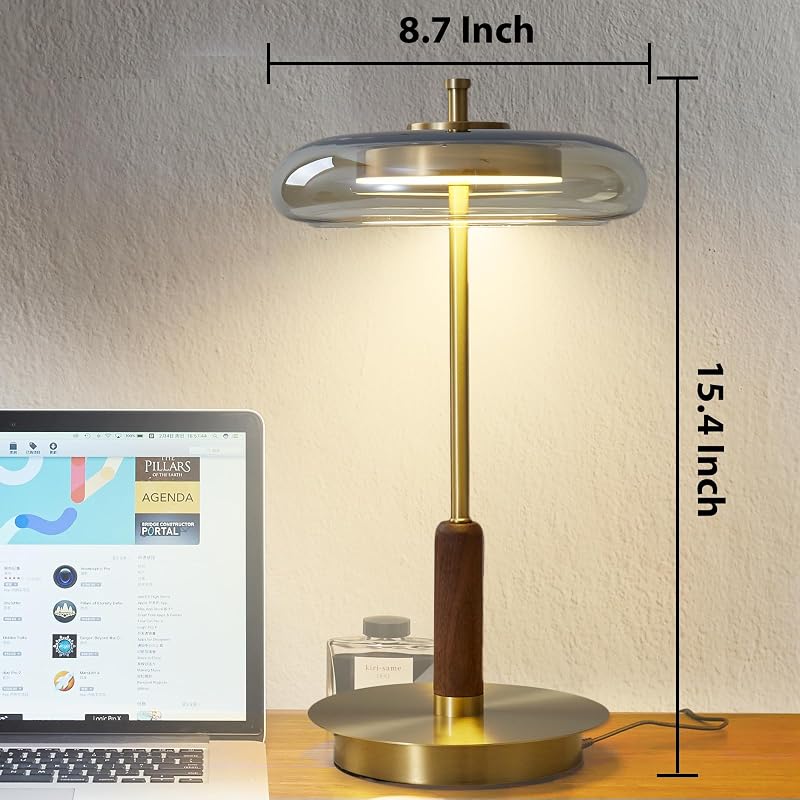 Lámpara mesa hongo base latón pantalla vidrio ámbar LED
