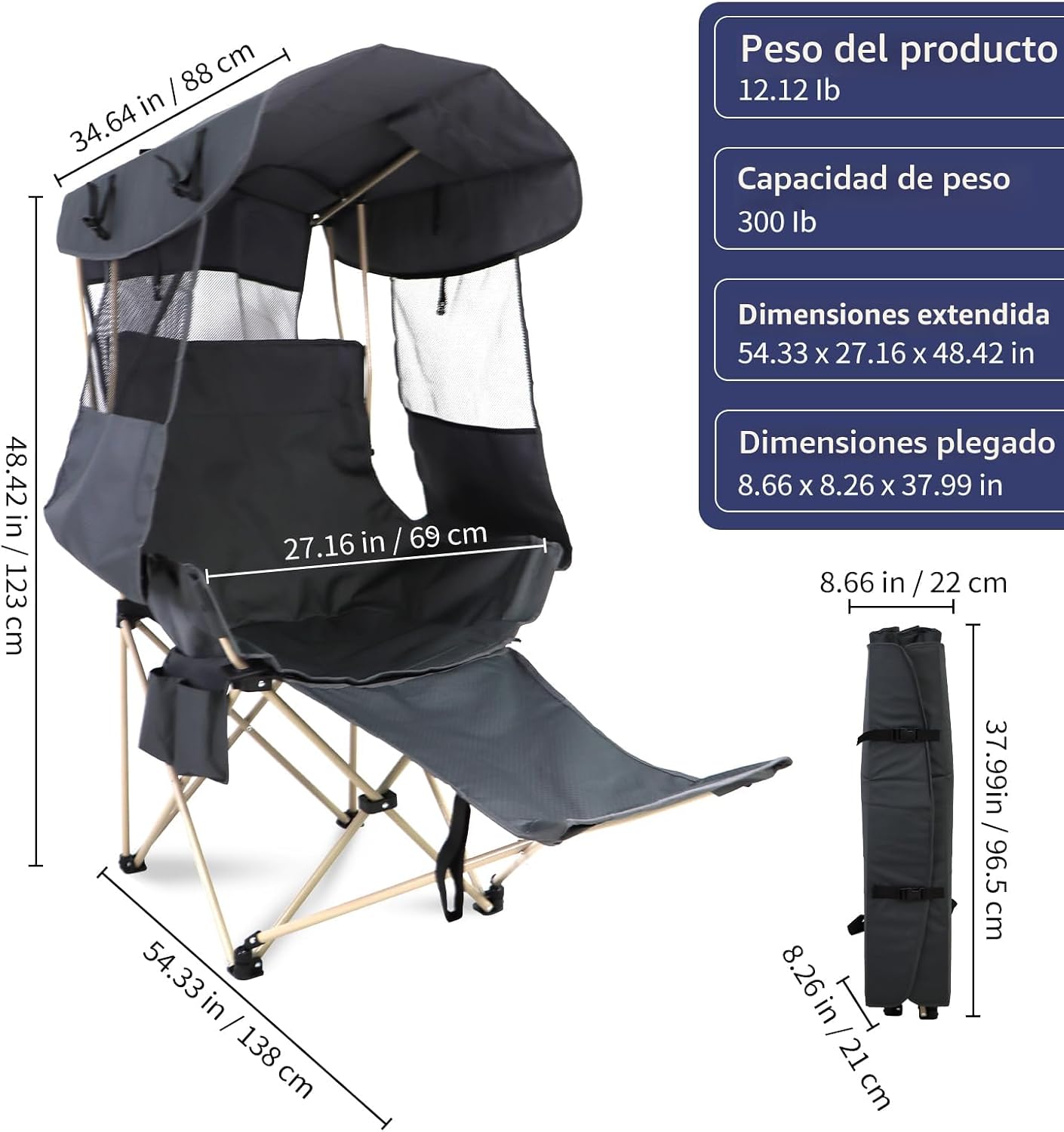 Silla camping plegable con dosel para playa y pesca