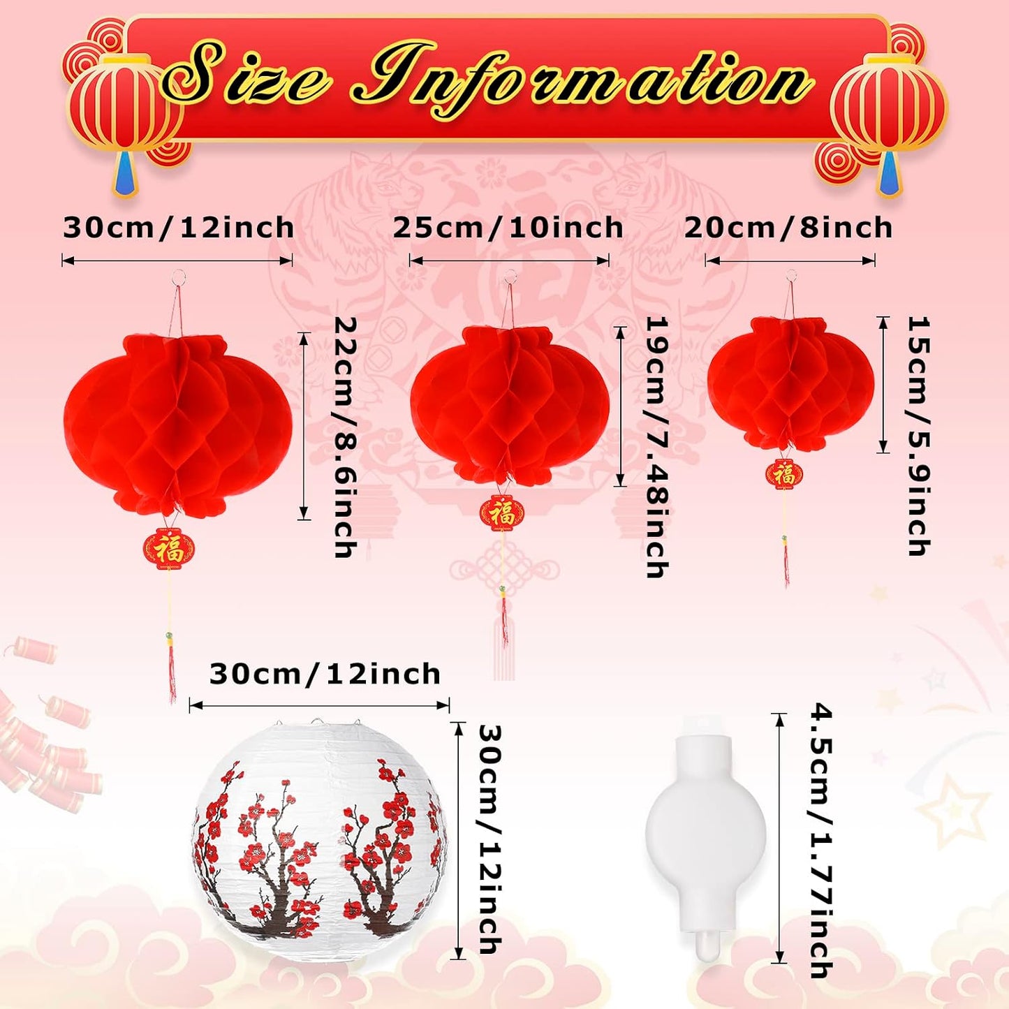 30 Faroles rojos con flor de cerezo LED 12pulg decoración hogar