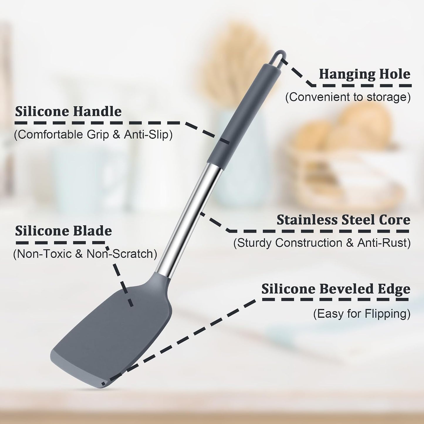 Set 5 Utensilios Silicón Antiadherente Mango Acero Inox