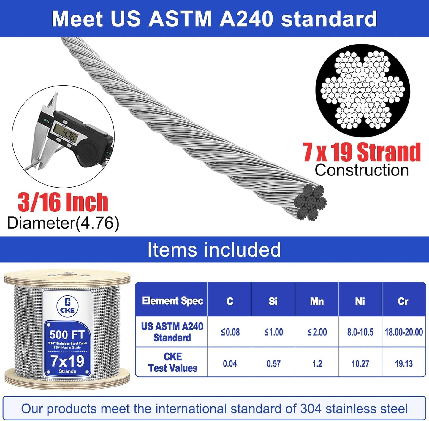 Cable acero inox 500ft 3/16 pulg 7x19 hebras