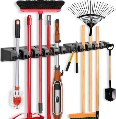 2 Soportes Trapeador Escoba Pared 5 Ranuras 6 Ganchos Negro