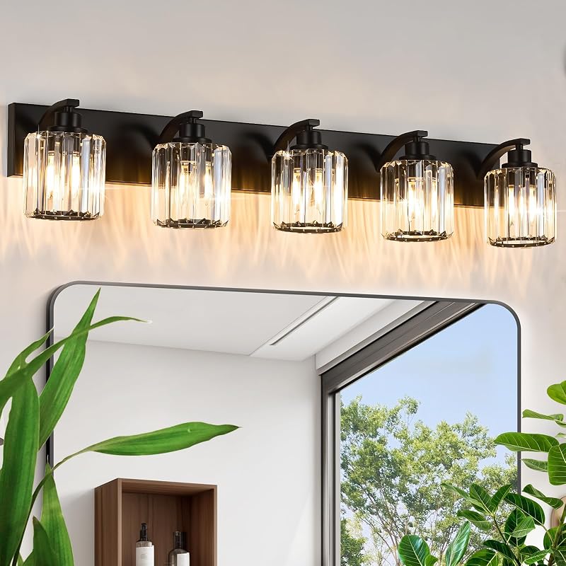 5 Luces Cristal Lámpara Baño Negro sobre Espejo E26