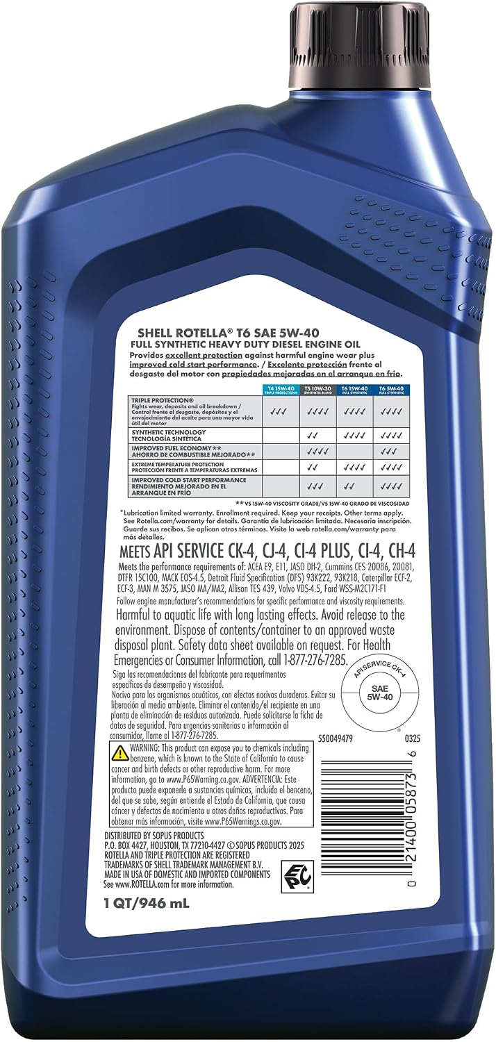 Aceite motor T6 sintético 5W-40 1qt pack 6