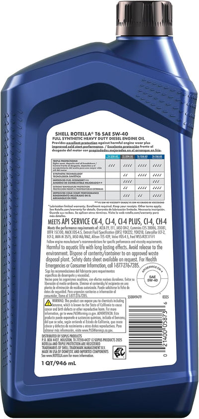 Aceite motor T6 sintético 5W-40 1qt pack 6