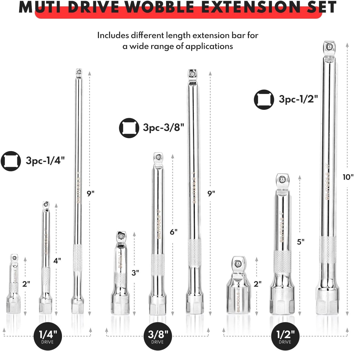Set 9 Pzas Extensión Hexagonal 1/4-1/2pulg Acero CrV