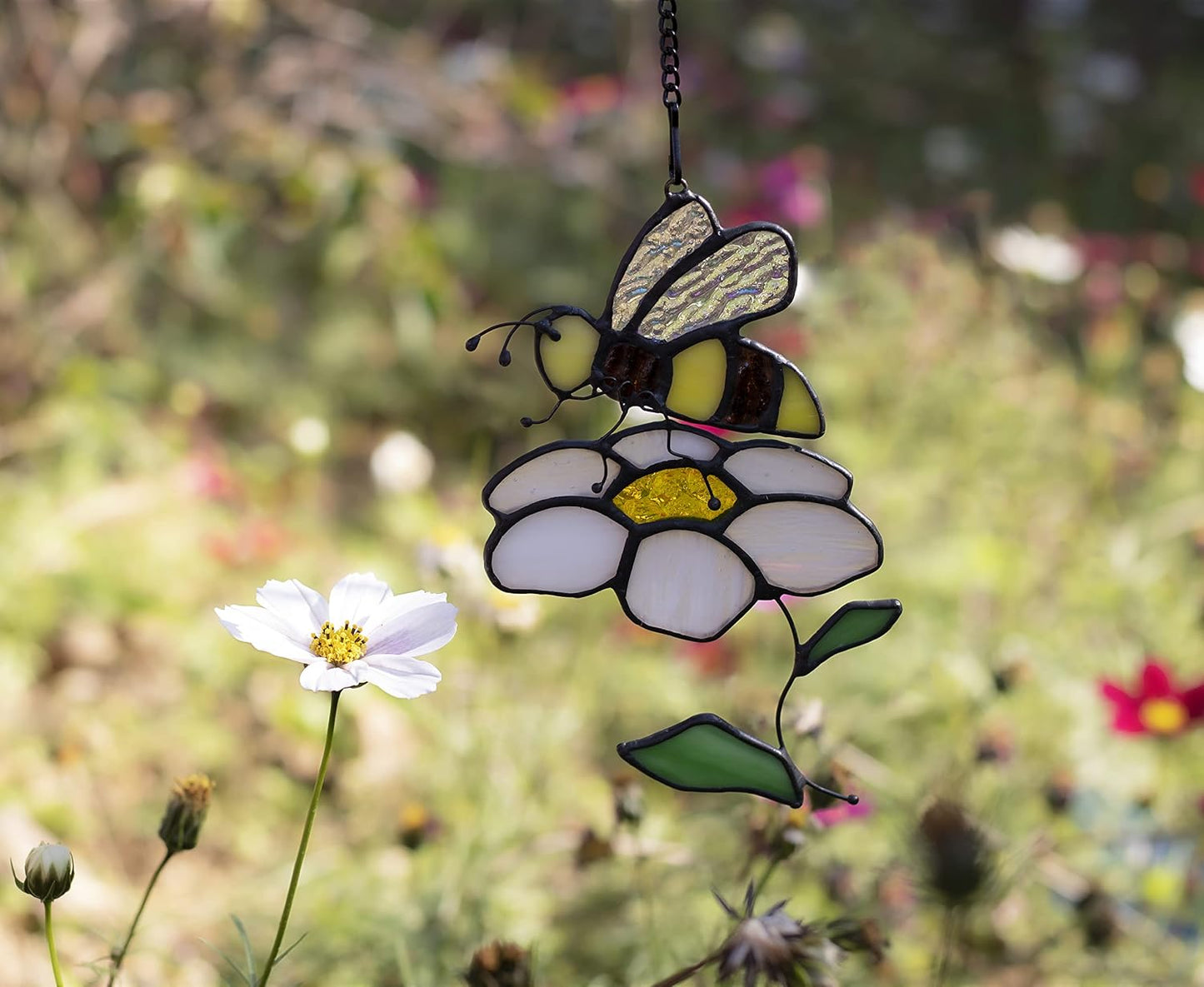 Atrapasoles de abeja con flores vidrio emplomado decoración
