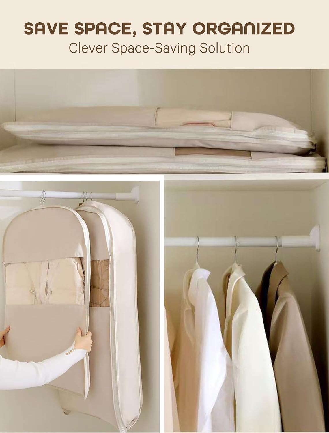 Bolsa ropa colgante compresión cremallera transparente beige