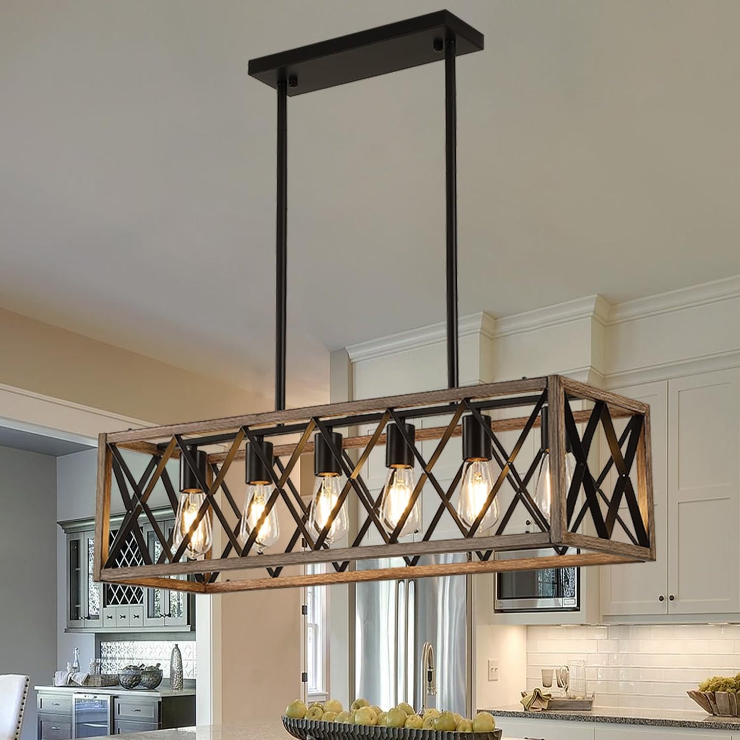Lámpara comedor estilo granja 6 luces colgantes roble negro