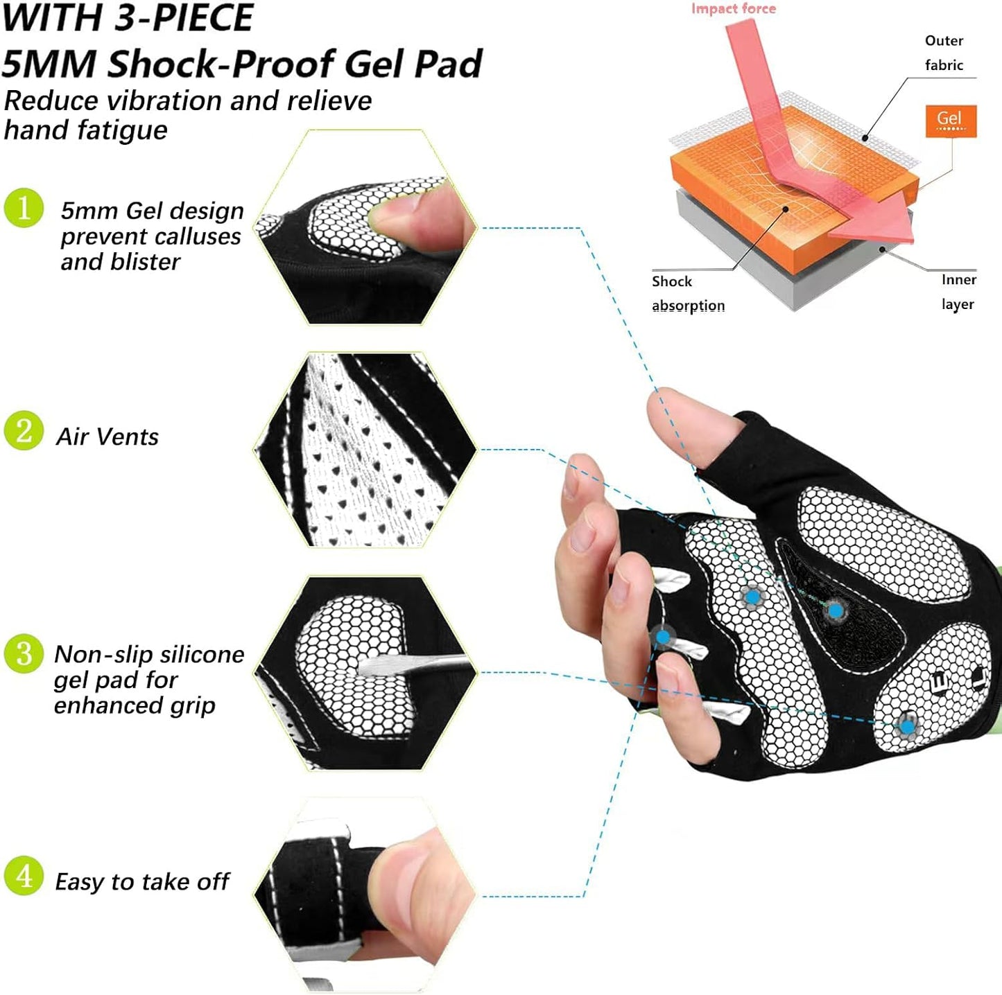 Guantes ciclismo medio dedo gel 5mm para hombre/mujer