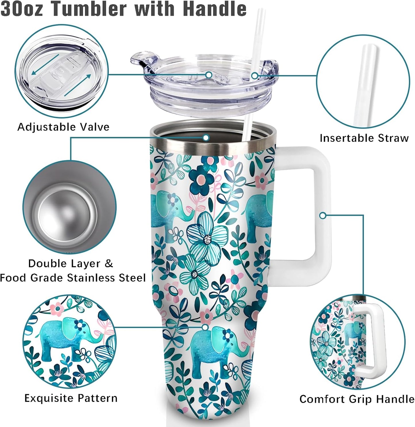 Vaso elefante 30oz inox aislado con pajita regalo mujer niña