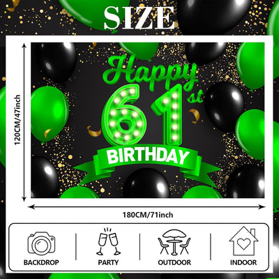 Cartel cumpleaños 61 verde y negro decoración confeti mujer