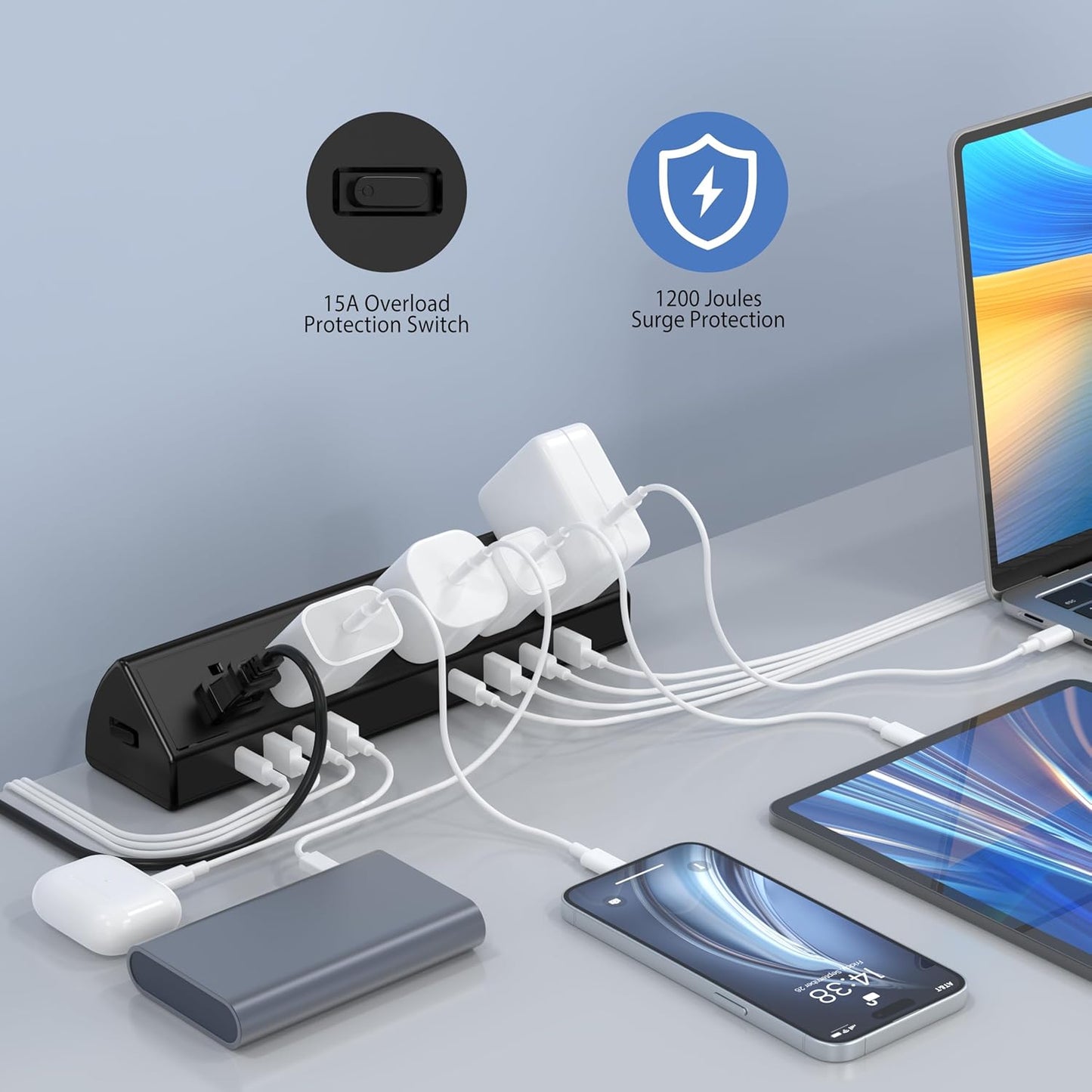 Estación carga rápida 45W regleta 4 USB-C 5 CA