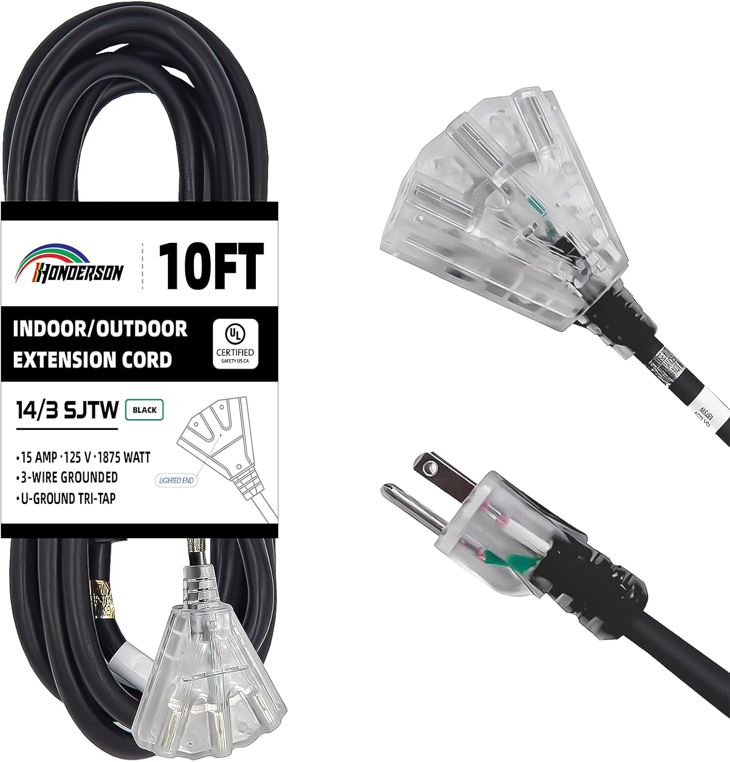 Cable extensión 3 salidas resistente intemperie 14-10pies negro