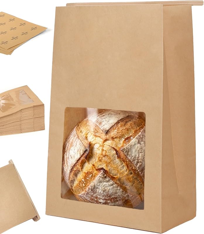 50 Bolsas Kraft Marrón Resellables con Ventana para Pan Redondo