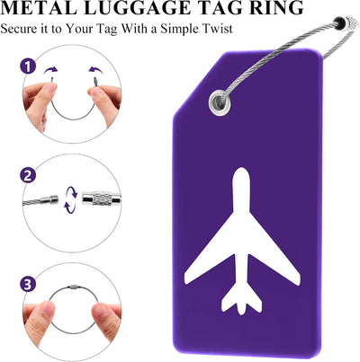 8 Etiquetas Silicona Viaje Lazo Inox TSA Aprobadas Color Morado