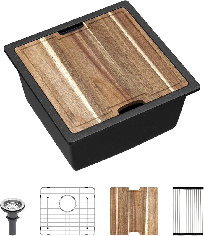 Fregadero cocina al aire libre 18x18" granito negro cuarzo