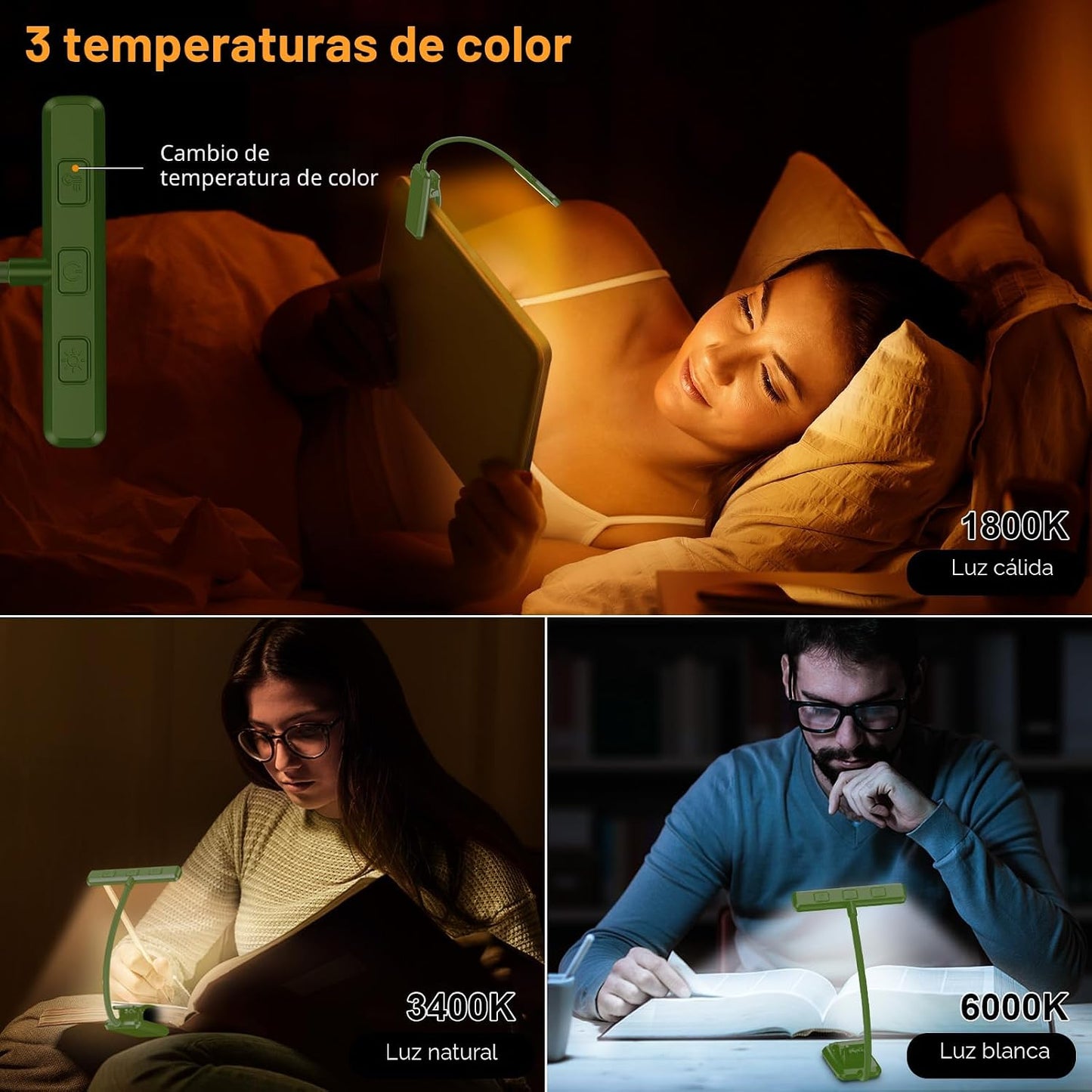 Luz libro recargable 19 LED 3 temperaturas brillo ajustable