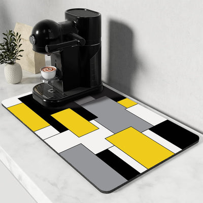 Tapete de secado de platos geométrico amarillo, gris y negro con respaldo de goma
