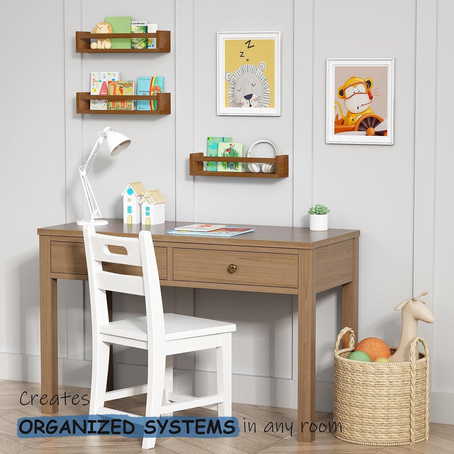 Estantería flotante madera oscura para dormitorio niños