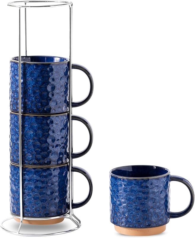 Set 4 Tazas Cerámica 16oz Soporte Inox Apilables Azul