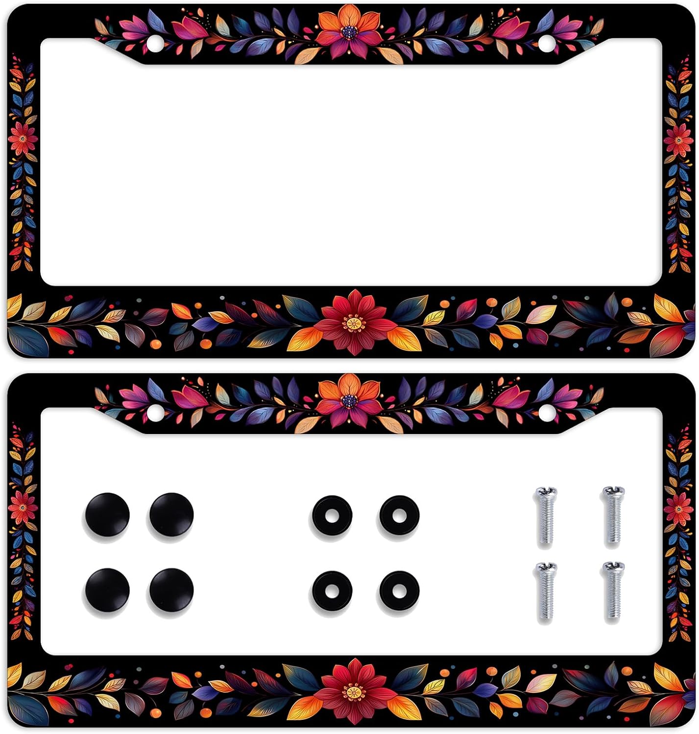 Marco matrícula acero inox flores coloridas personalizable