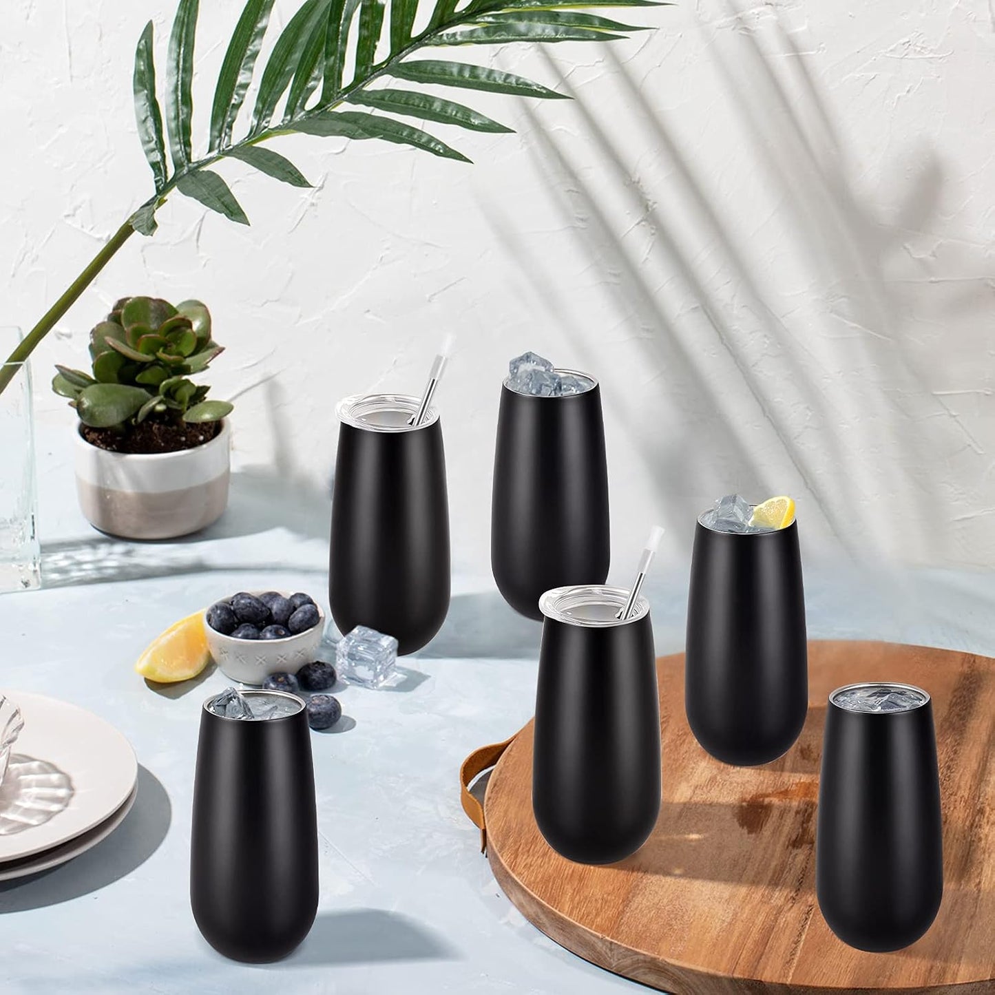 6 Vases Champán Doble Aislamiento Tapa 6oz Negro Reutilizables