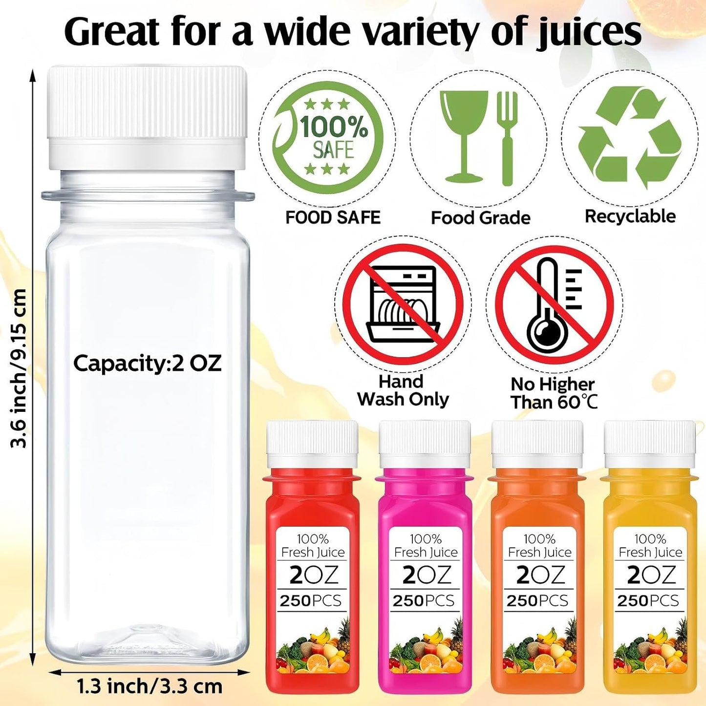 250 Botellas Plástico 2oz para Jugo con Tapa Reutiliz.