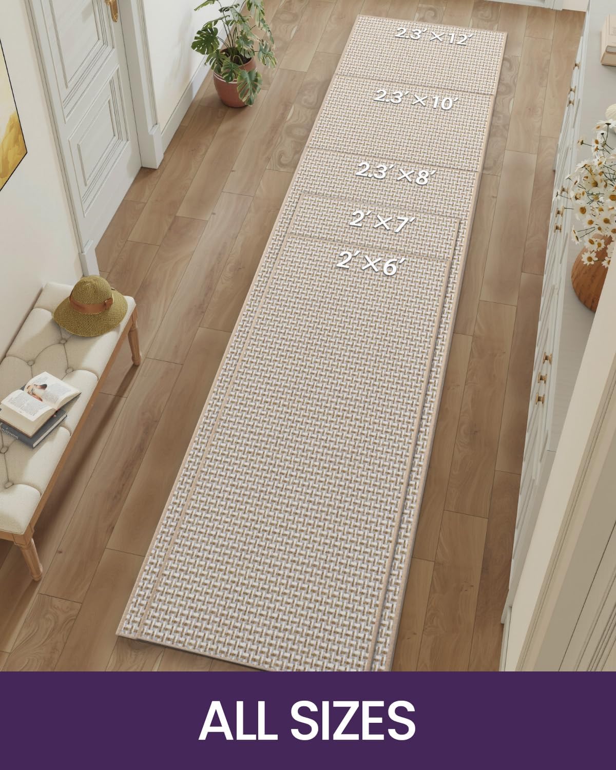 Alfombra pasillo 2x7ft antiderrap parte goma beige y blanco