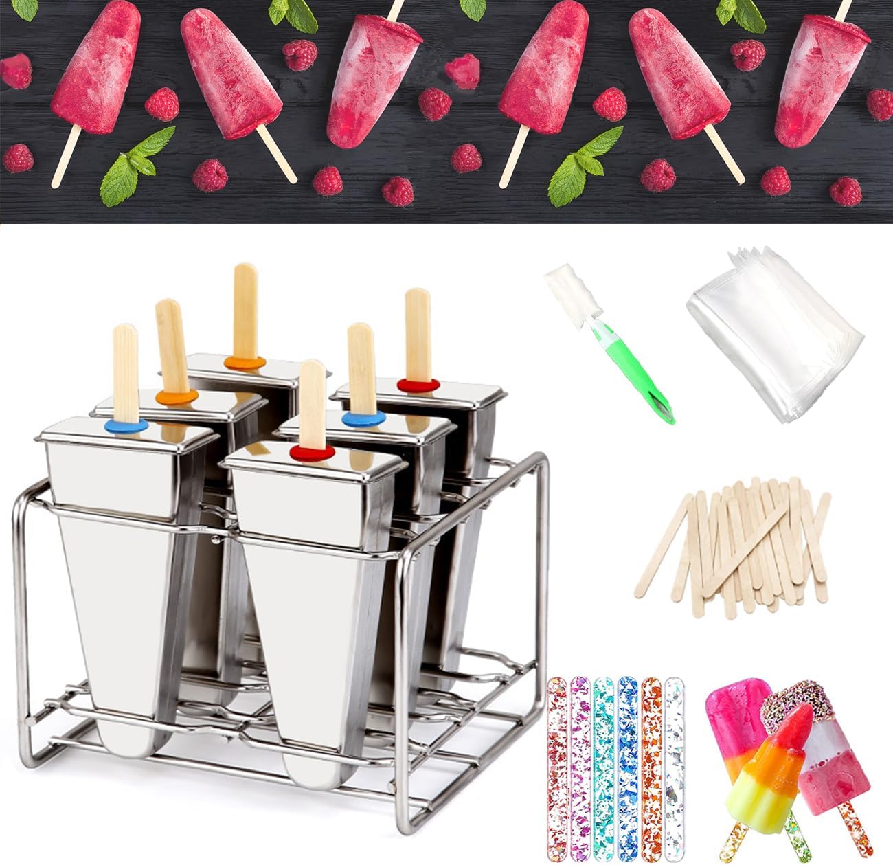 Set 6 Moldes Acero Inox para Paletas con 50 Palos y Bolsas