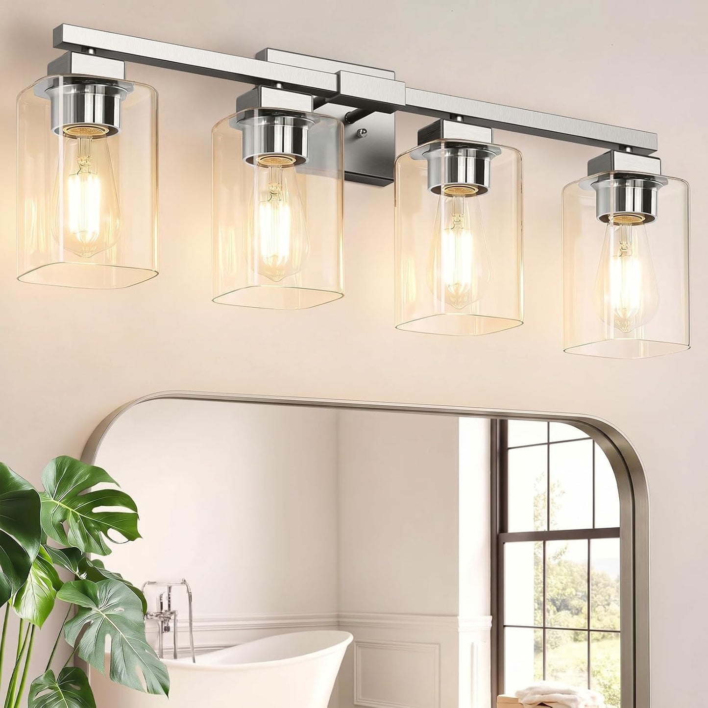 Lámpara baño 4 luces 27pulg níquel cepillado sobre espejo