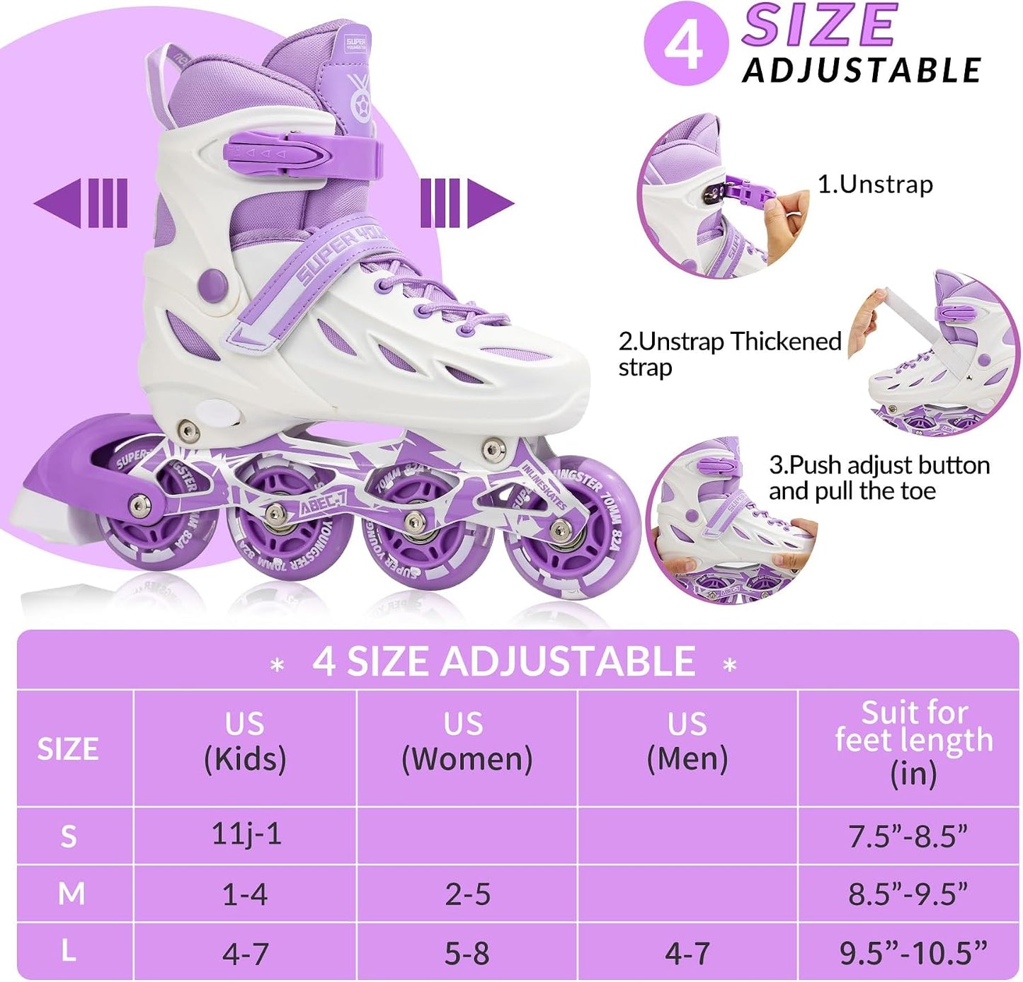 Patines en línea ajustables para niños con ruedas iluminadas