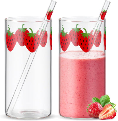 2 Set Tazas Vidrio con Popote Diseño Cereza