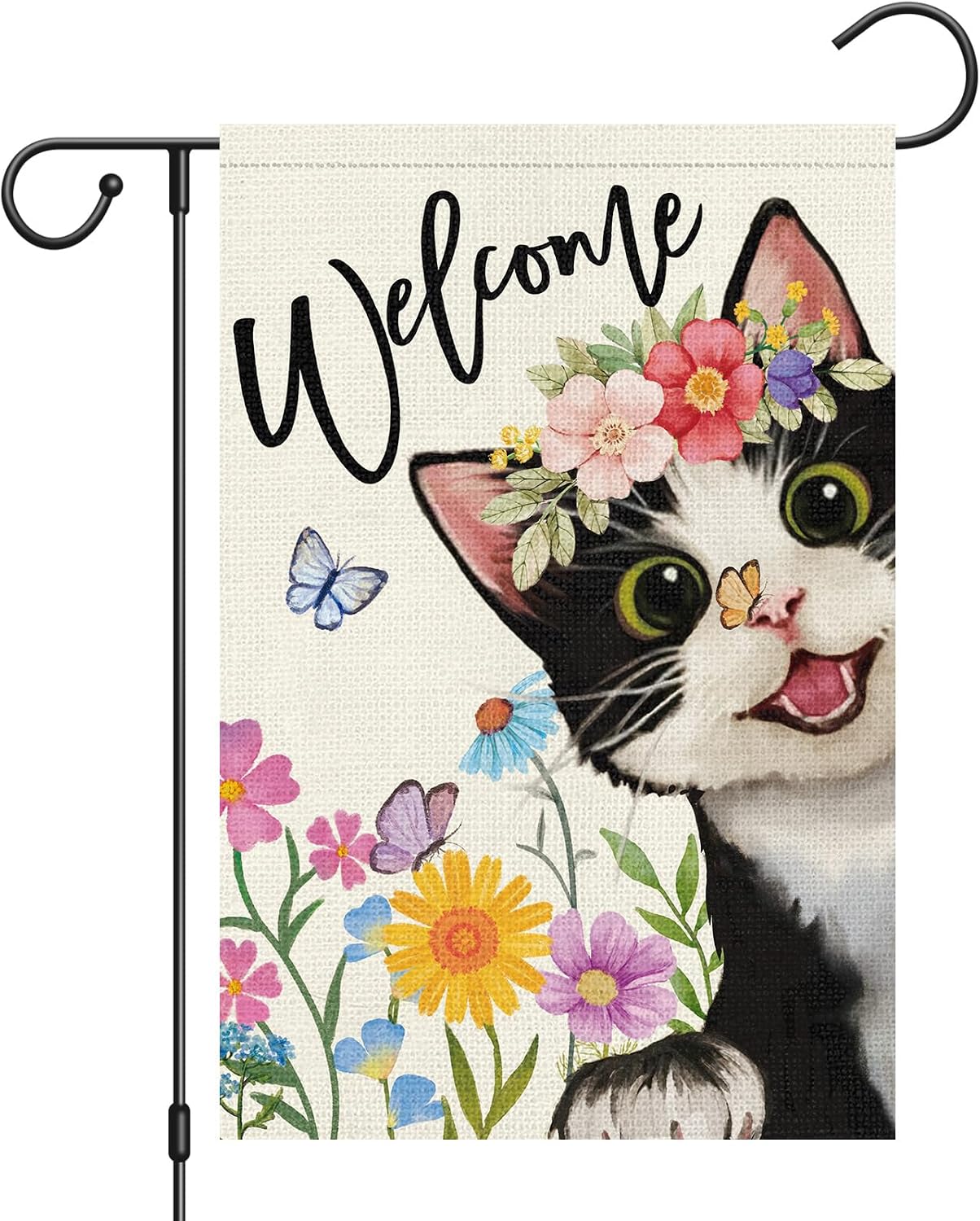 Bandera jardín gato primavera verano 12x18pulg arpillera doble cara