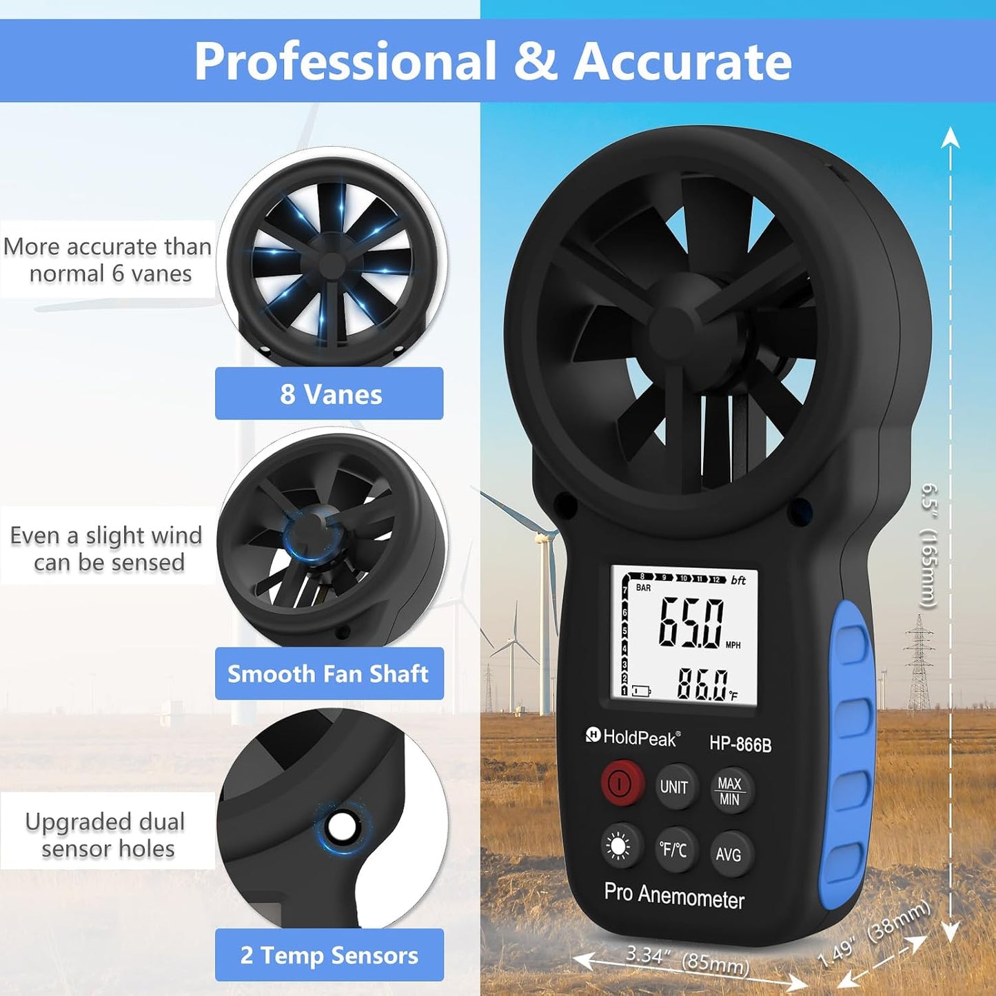Anemómetro digital HVAC medidor velocidad aire