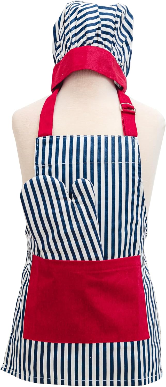 Set delantal guante gorro chef algodón rayas azul