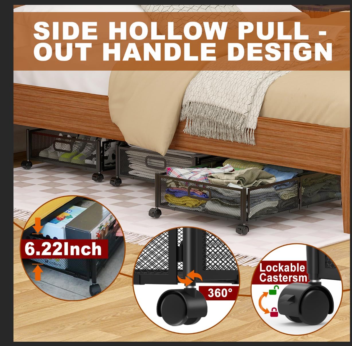 4 Pzas Organiz. Plegable Cama con Asas y Ruedas
