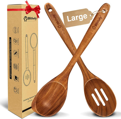 Set 2 Cucharas Madera Teca Antiadherente para Cocinar y Servir