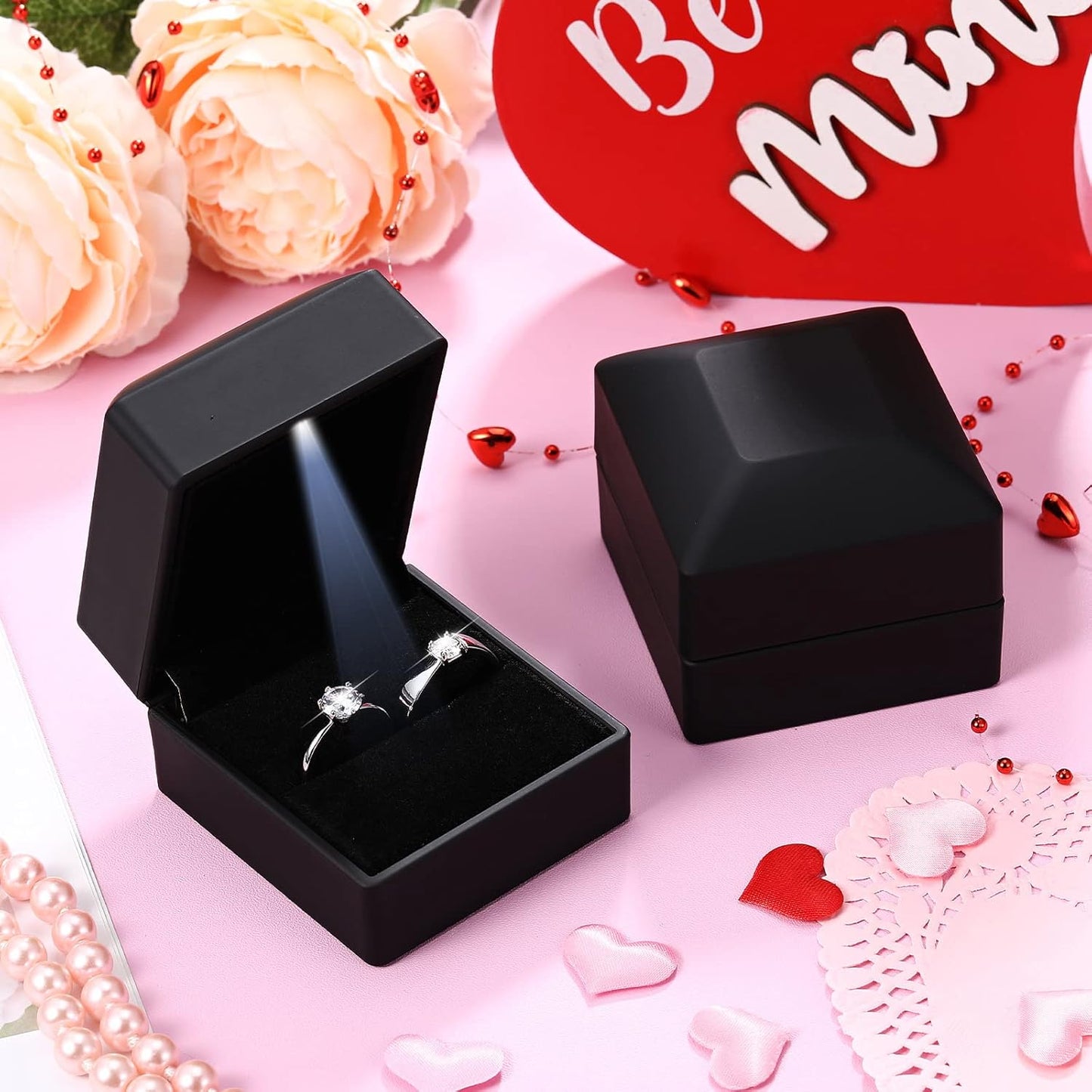 12 Cajas Joyería Terciopelo Negro LED para Anillo Collar
