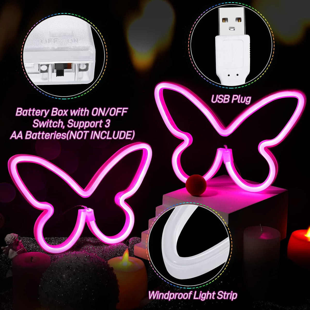 2 Pzas Cartel Neón Mariposa LED USB Batería 3AA