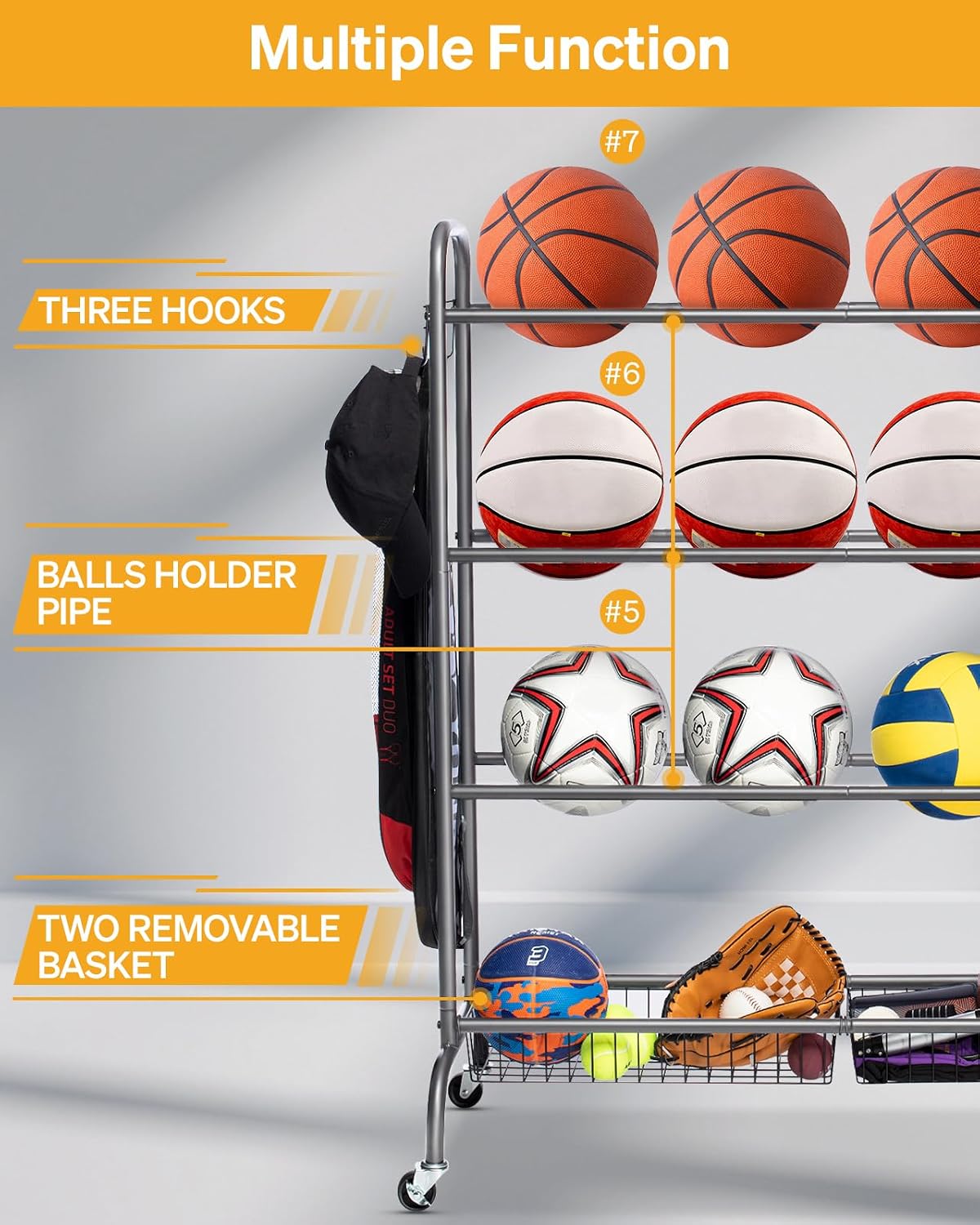 Estante baloncesto con ruedas 4 capas 2 cestas