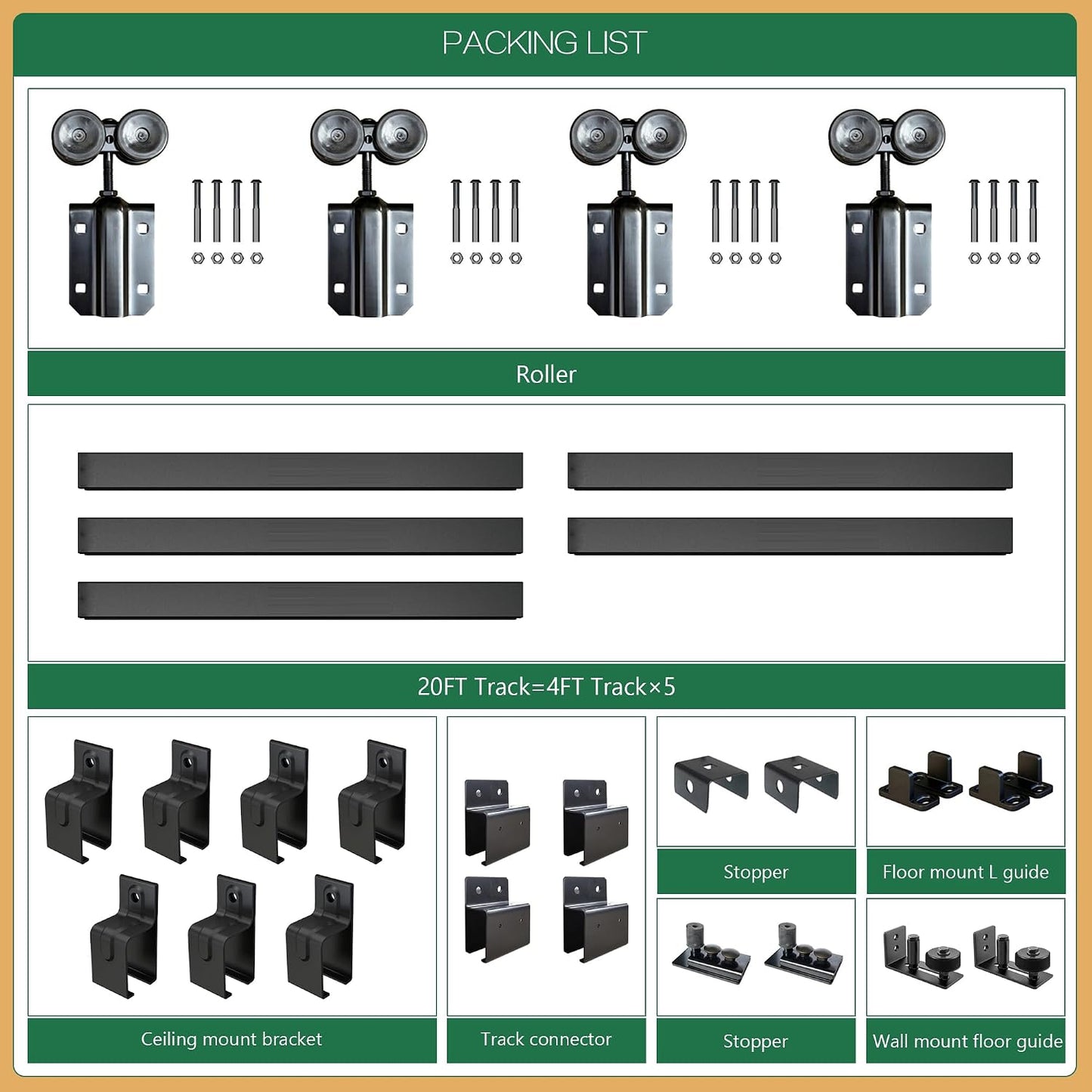 Kit riel doble puerta industrial negro 20ft carga 300lb