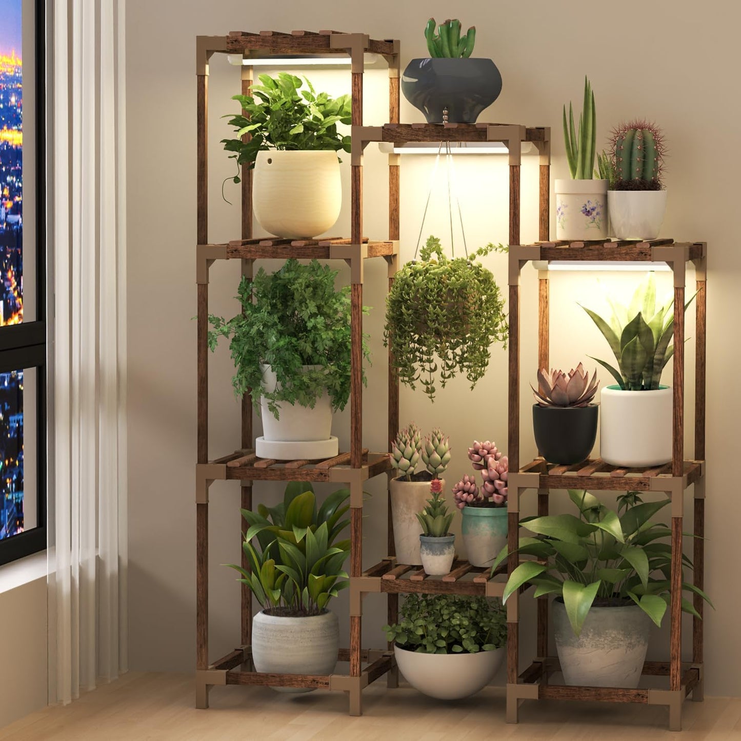 Soporte plantas luz crecimiento estante madera interior