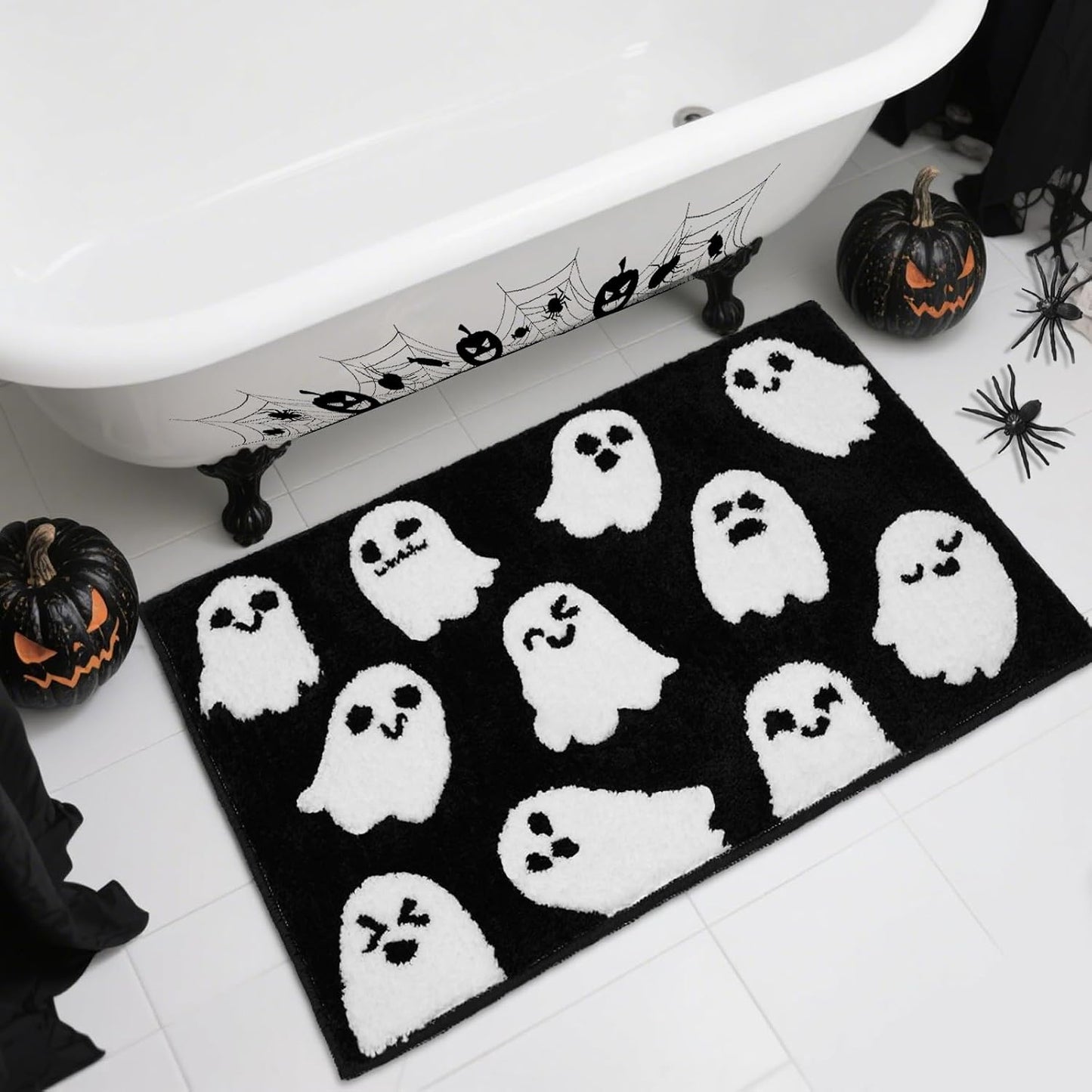 Alfombra baño Halloween fantasma blanco y negro antideslizante
