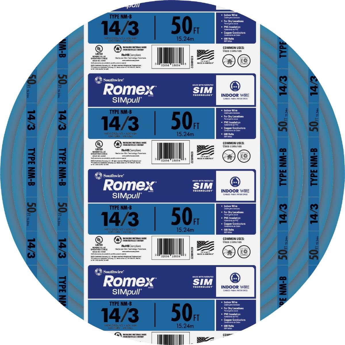Cable NMB 14/3 W/G Romex 50pies interior color blanco