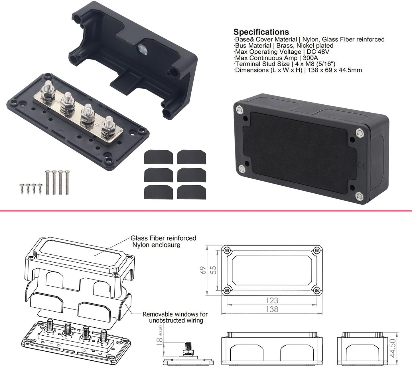 Caja barra bus 300A negro cubierta 4 pernos 5/16 pulg