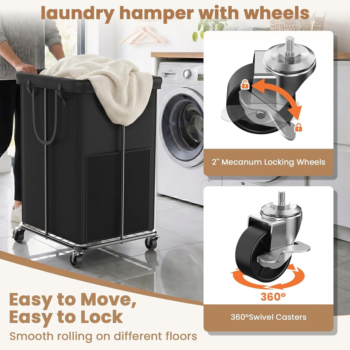 Cesta 150L para ropa con ruedas y bolsa remov.