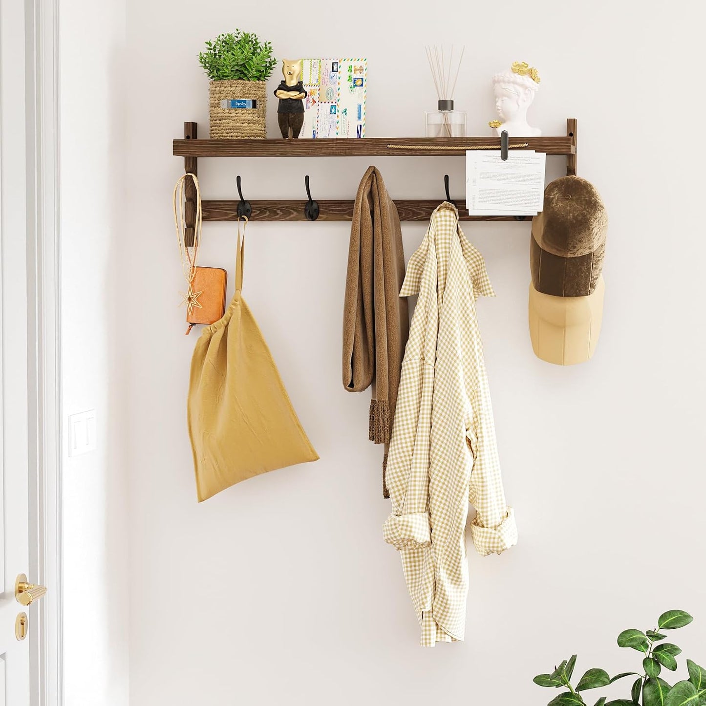 Perchero pared con estante 5 ganchos dobles madera