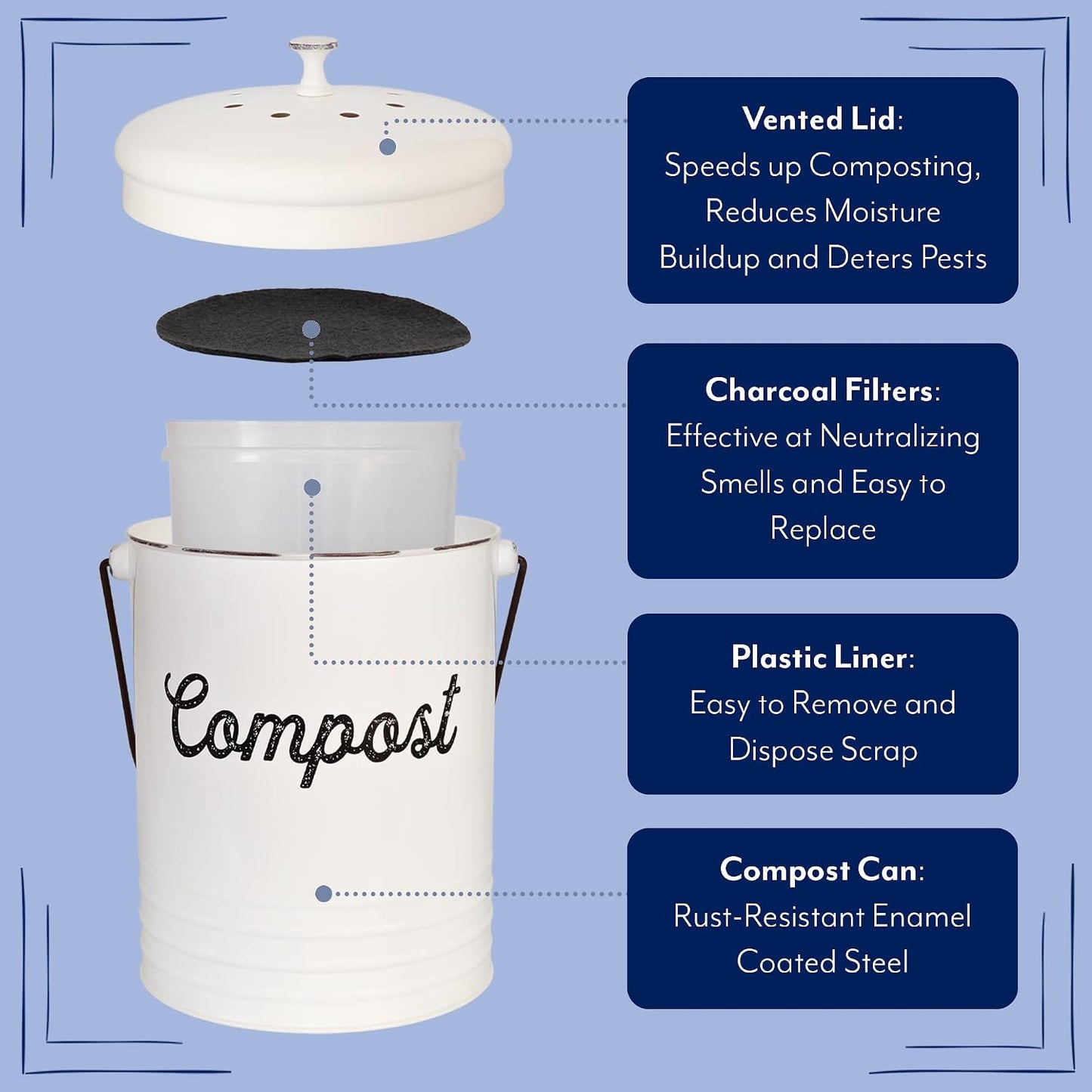 Cubo compostaje esmaltado blanco 1.3gal con tapa y filtros