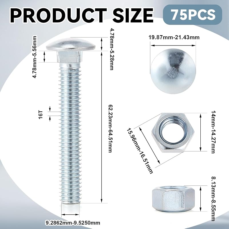 Pack 75 pernos carro 3/8x2.5" acero galvanizado